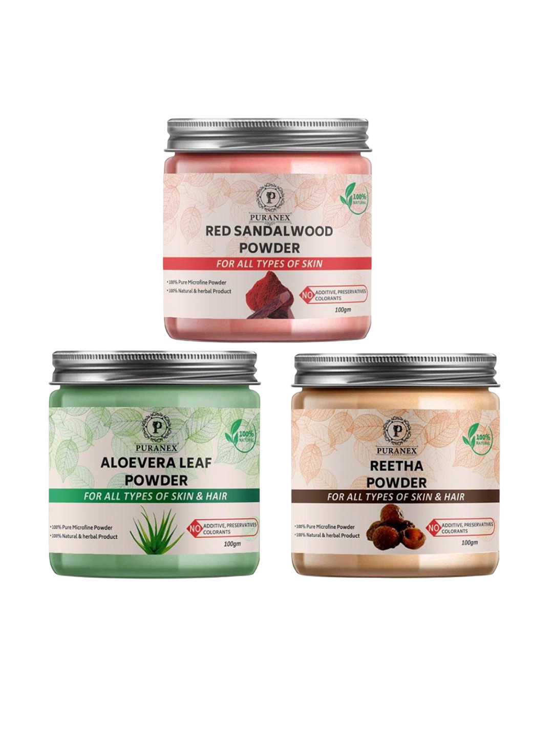 

Puranex Set Of 3 Red Sandalwood, Aloevera Leaf & Reetha Skin & Hair Powder-100 g Each, White