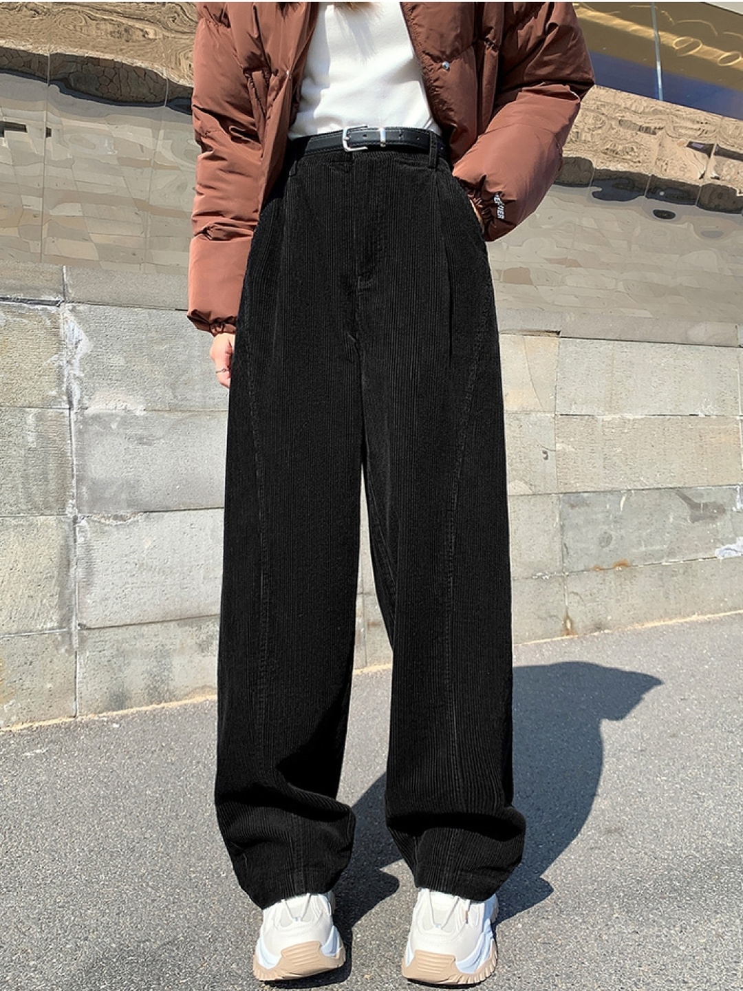 

LULU & SKY Women High-Rise Ribbed Straight Fit Trousers, Black