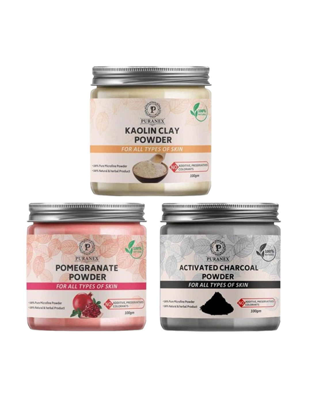 

Puranex Set Of 3 Kaolin Clay - Pomegranate & Activated Charcoal Powder - 100 g Each, White