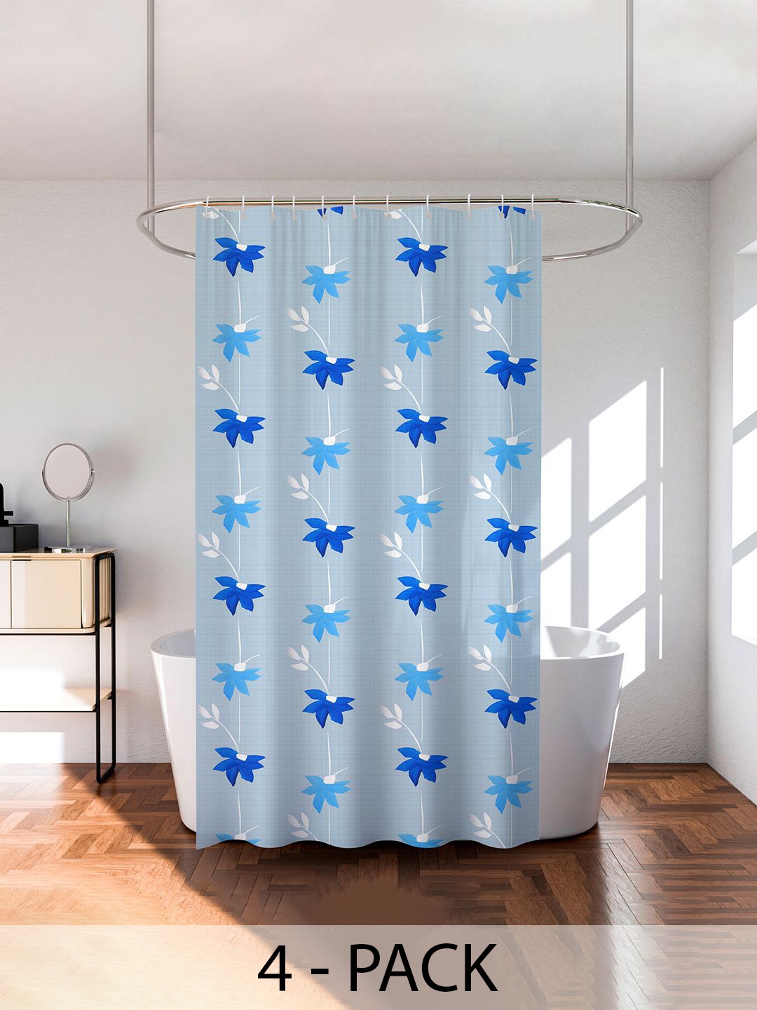 

Kuber Industries Blue & White 4 Pieces Floral Printed Shower Curtain With Rings