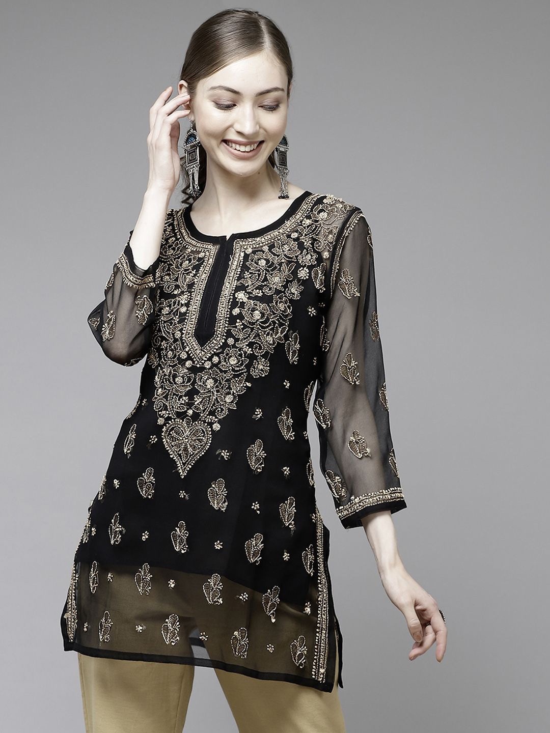 

ADA Women Embroidered Pure Georgette Chikankari Kurti, Black