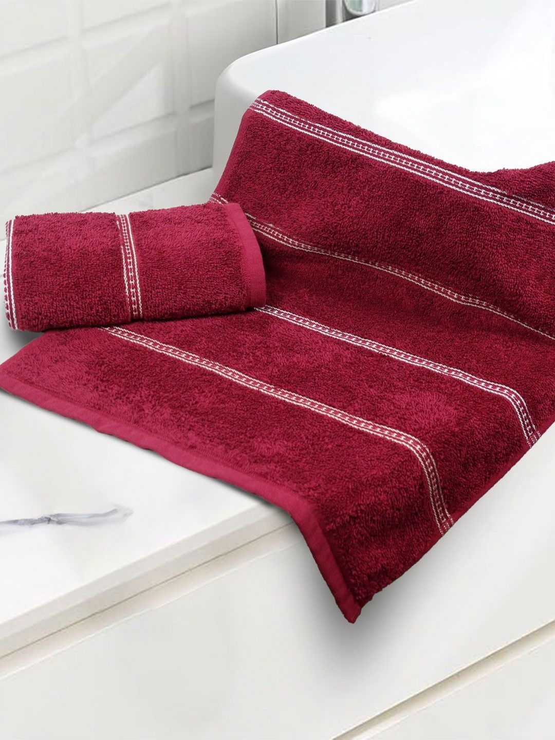 

MYTRIDENT Maroon & White 2 Pieces Striped 450 GSM Pure Cotton Hand Towels