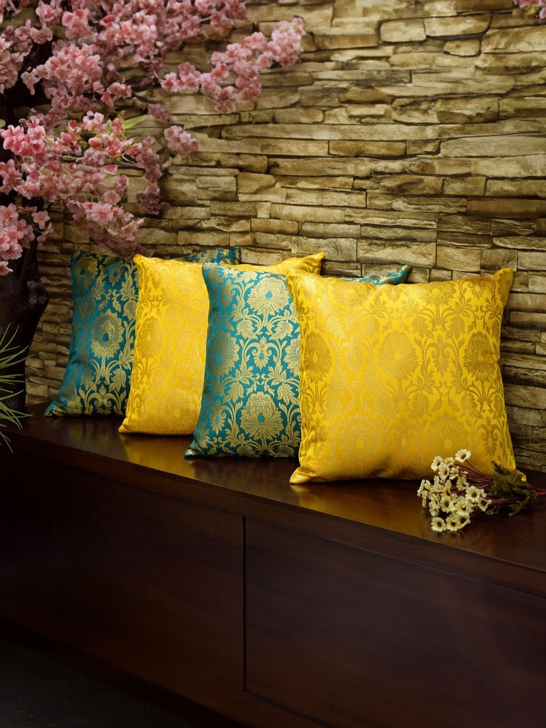 

RoyalDeco Green & Yellow 4 Pieces Ethnic Motifs Printed Brocade Silk Square Cushion Covers