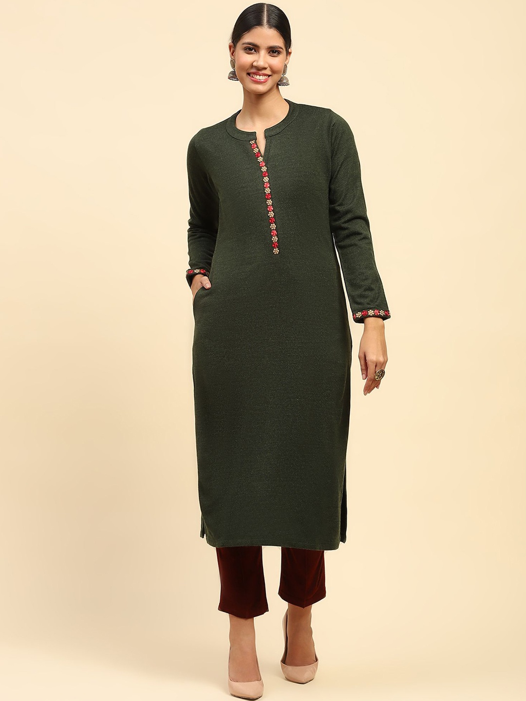 

Me&I Floral Embroidered Thread Work Woollen Straight Kurta, Green