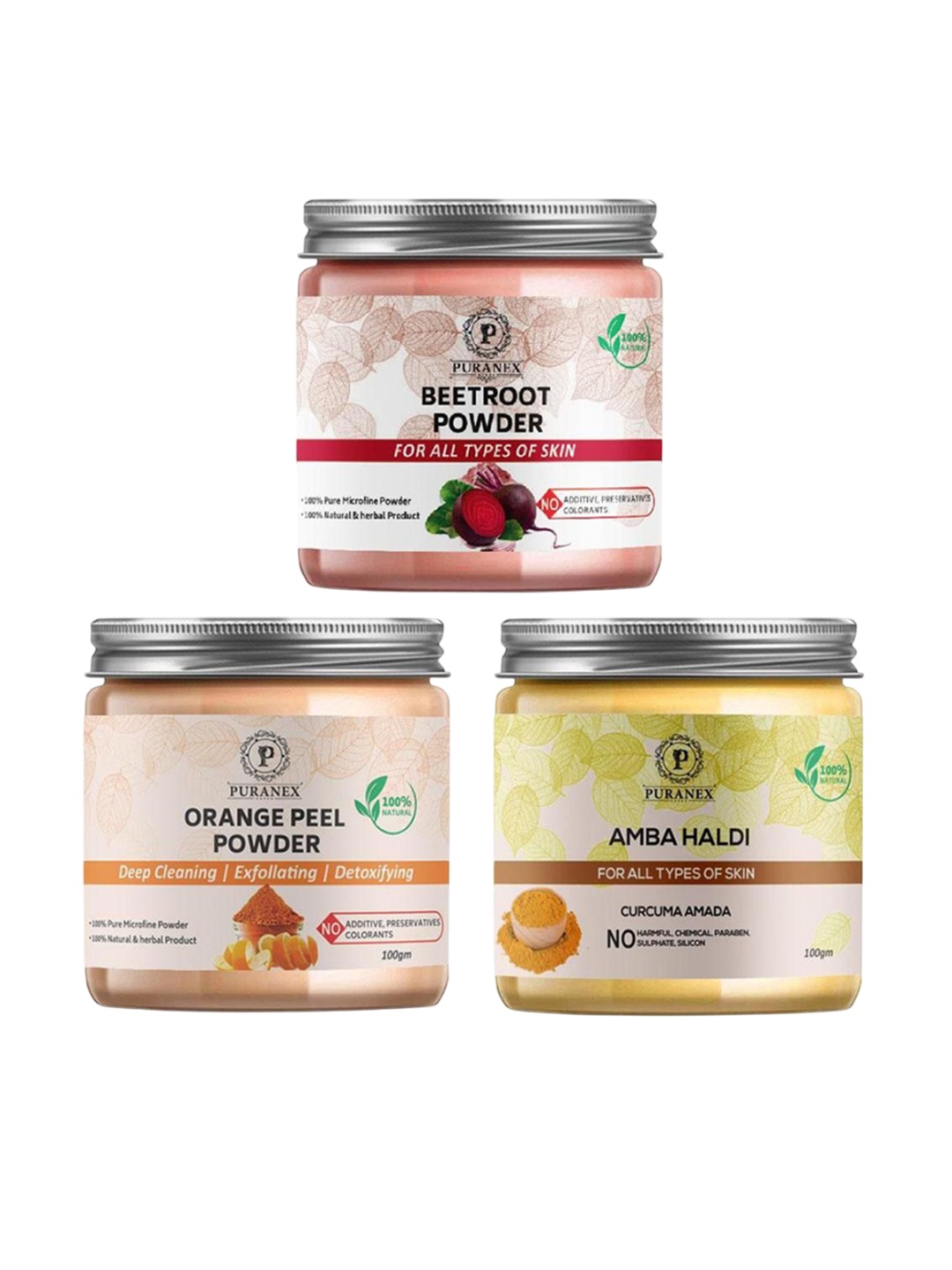 

Puranex Set Of 3 Beetroot, Orange Peel & Amba Haldi Face Pack Powder - 100 g Each, White