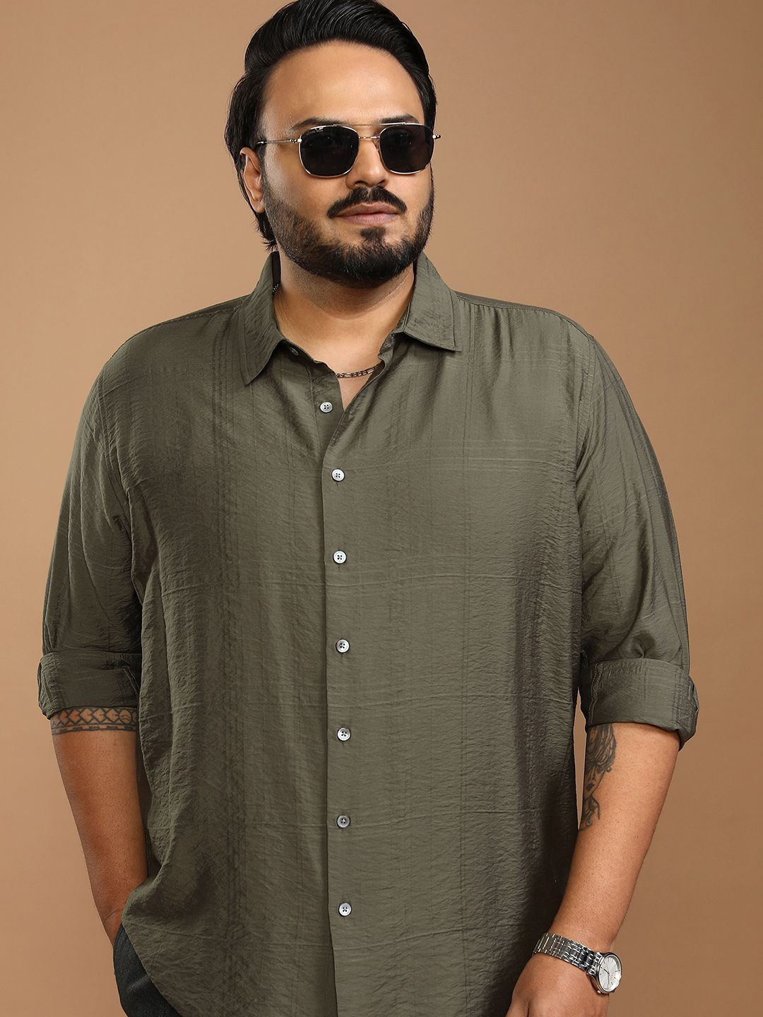 

HIGHLANDER Men Self Design Textured Opaque Casual Plus Size Shirt, Olive