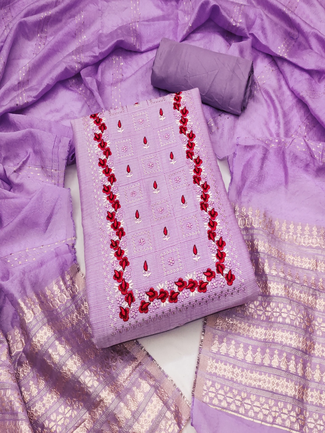 

Maroosh Geometric Embroidered Sequinned Cotton Unstitched Dress Material, Purple