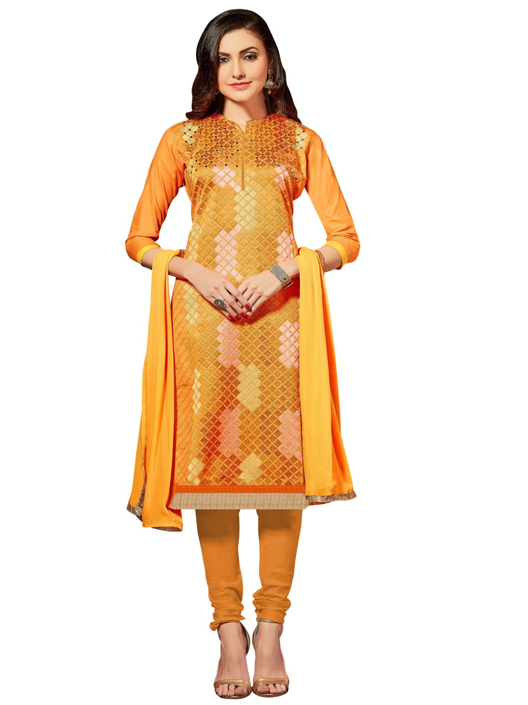 

Maroosh Geometric Embroidered Mirror Work Cotton Unstitched Dress Material, Yellow