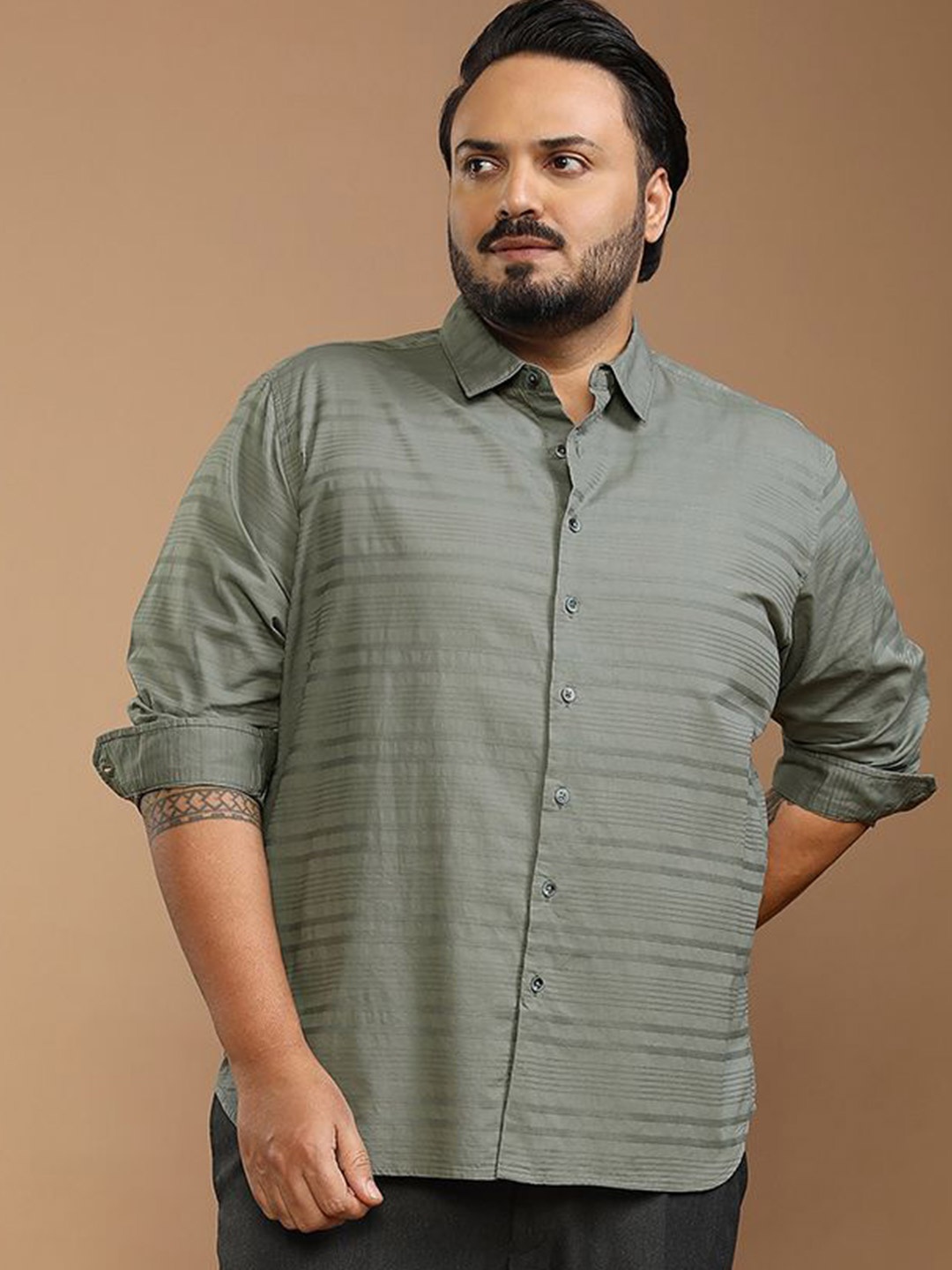 

HIGHLANDER Men Striped Plus Size Longline Cotton Shirt, Olive