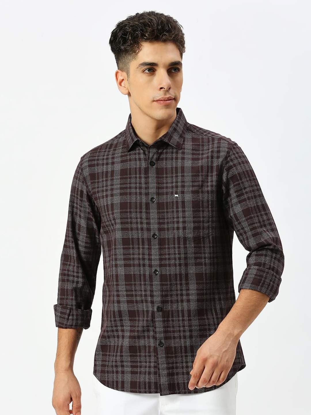 

Basics Men Cotton Slim Fit Tartan Checked Casual Shirt, Brown