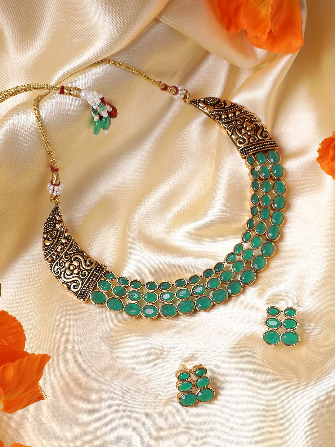 

MANSIYAORANGE Gold-Plated German Silver Oxidised Kempu Stone Jewellery Set, Green