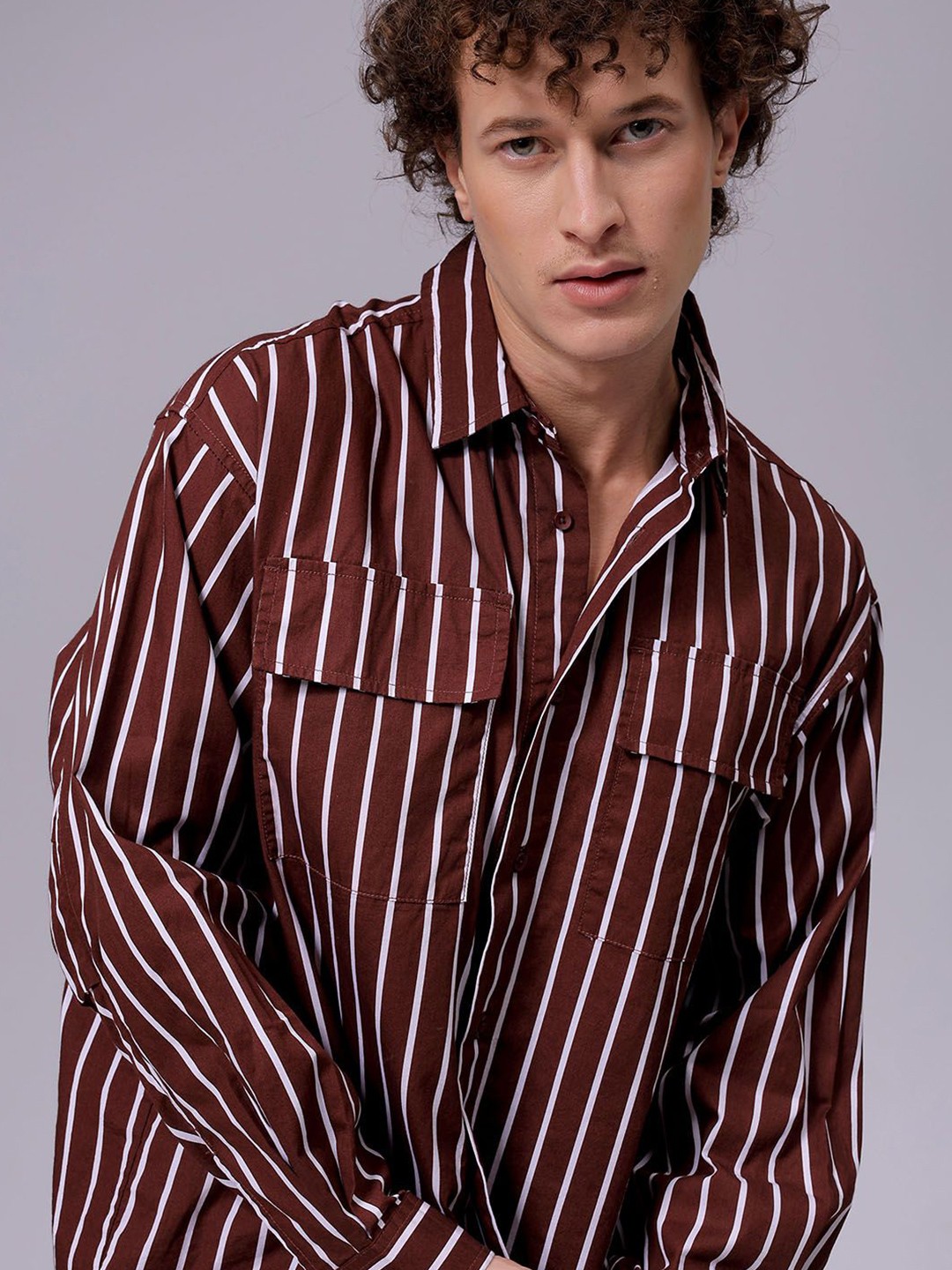 

The Indian Garage Co Men Opaque Striped Cotton Oversized Casual Shirt, Brown
