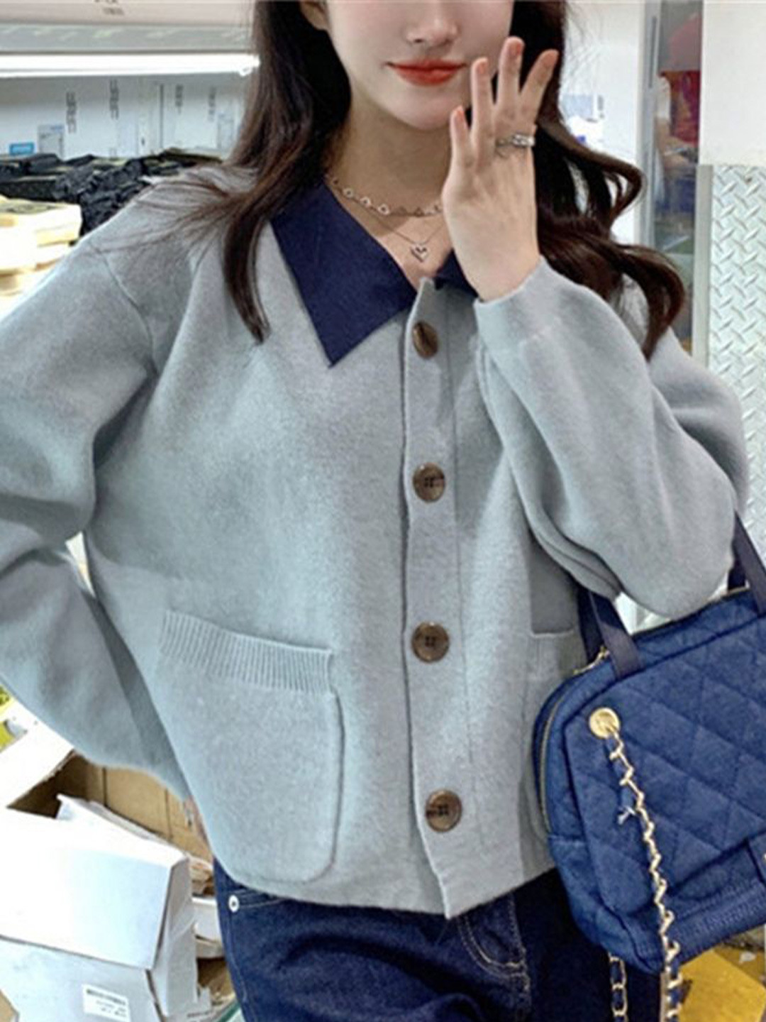 

LULU & SKY Women Shirt Collar Cardigan, Blue