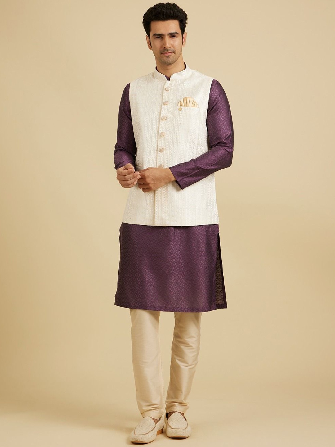 

Manyavar Embroidered Nehru Jackets, Cream
