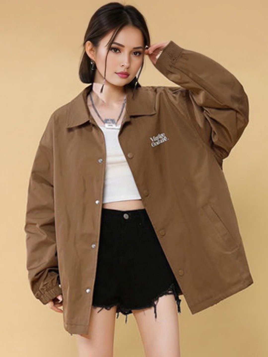

StyleCast Women Typography Printed Longline Lightweight Biker Jacket, Brown