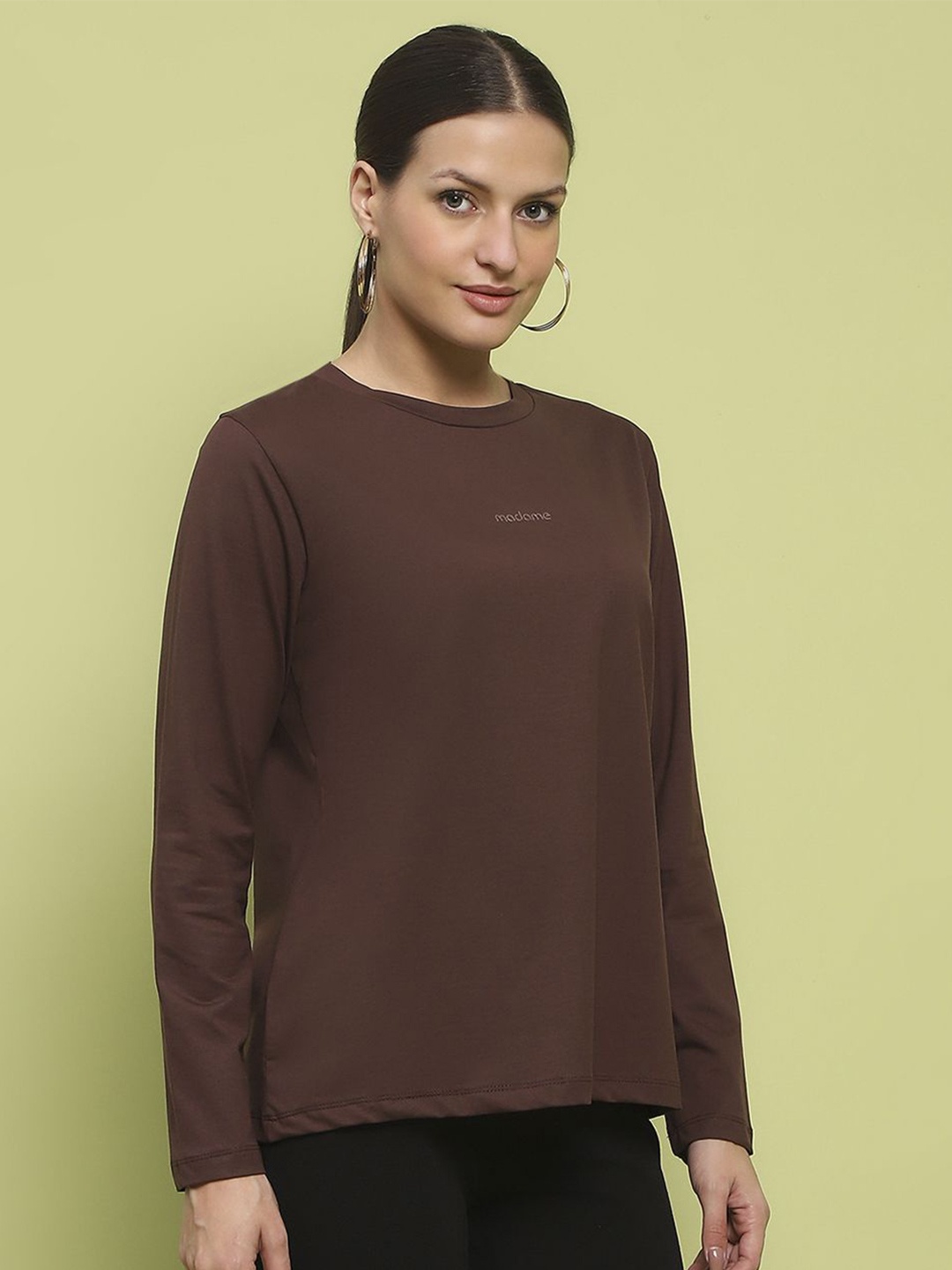 

Madame Women Round Neck Cotton Top, Coffee brown