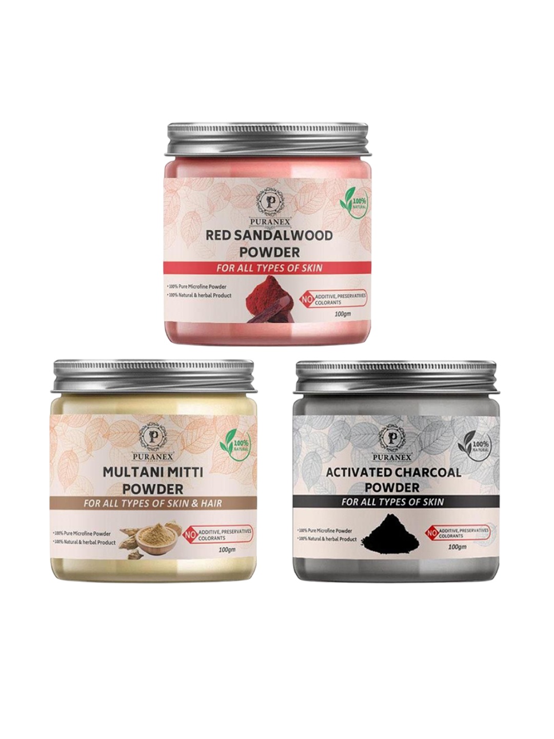 

Puranex Set Of 3 Red Sandal Wood - Activated Charcoal & Multani Mitti Powder - 100 gm Each, White