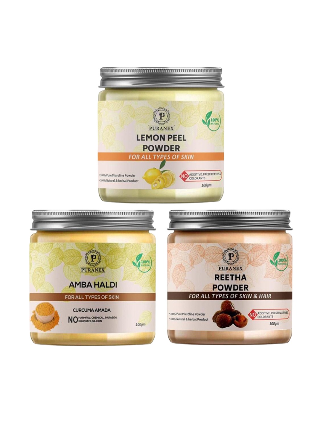 

Puranex Set Of 3 Lemon Peel, Amba Haldi & Reetha Skin & Hair Powder-100 g Each, White
