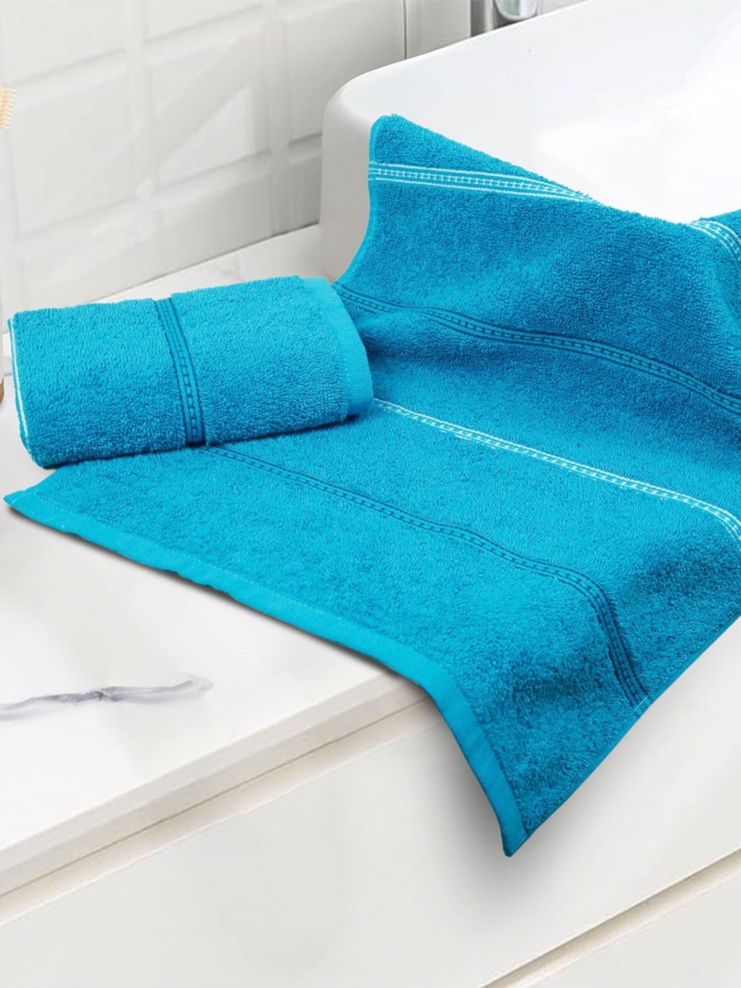 

MYTRIDENT Turquoise Blue 2 Pieces Striped 450 GSM Pure Cotton Hand Towels