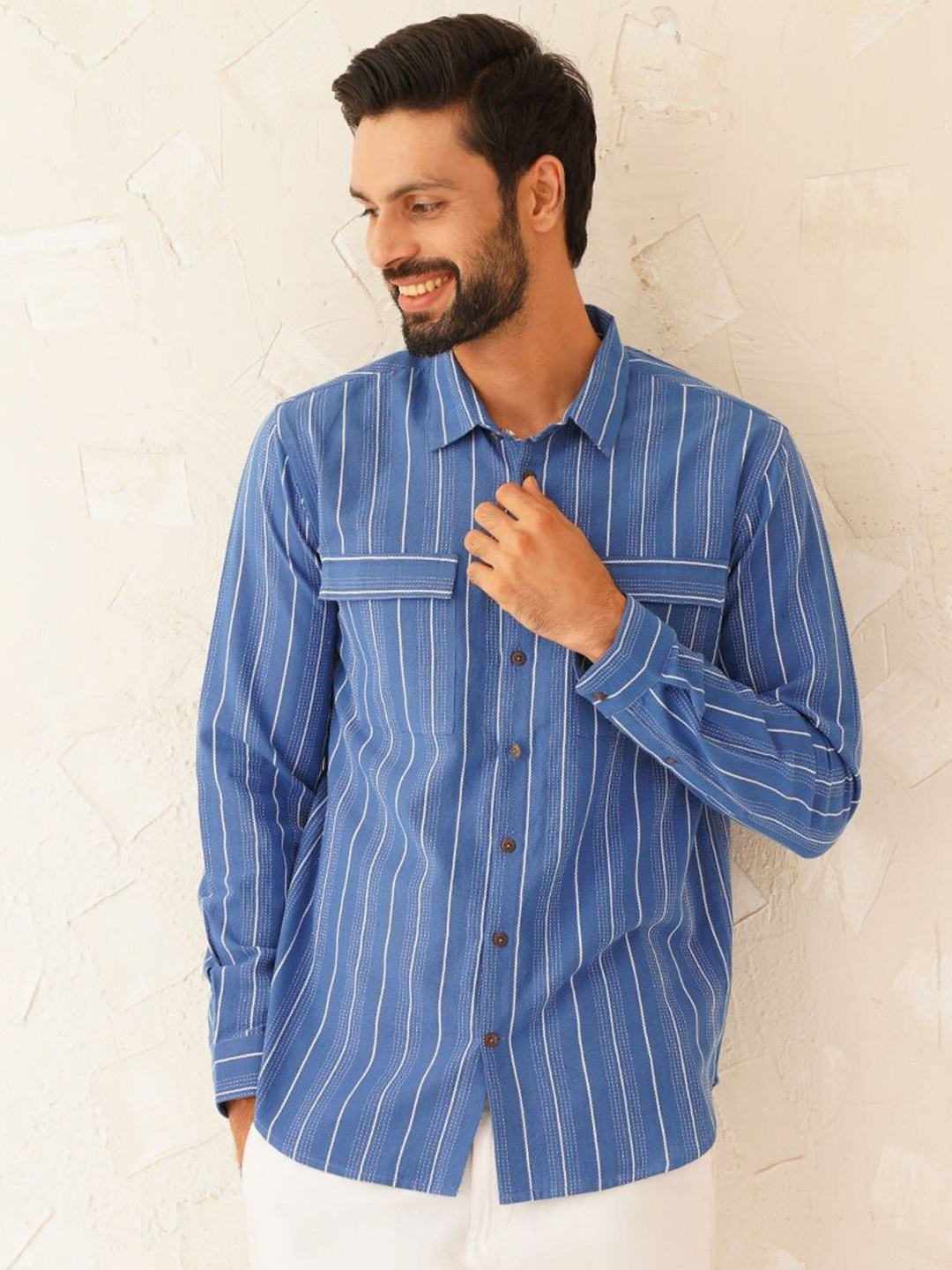 

JAYPORE Men Standard Striped Casual Pure Cotton Shirt, Blue