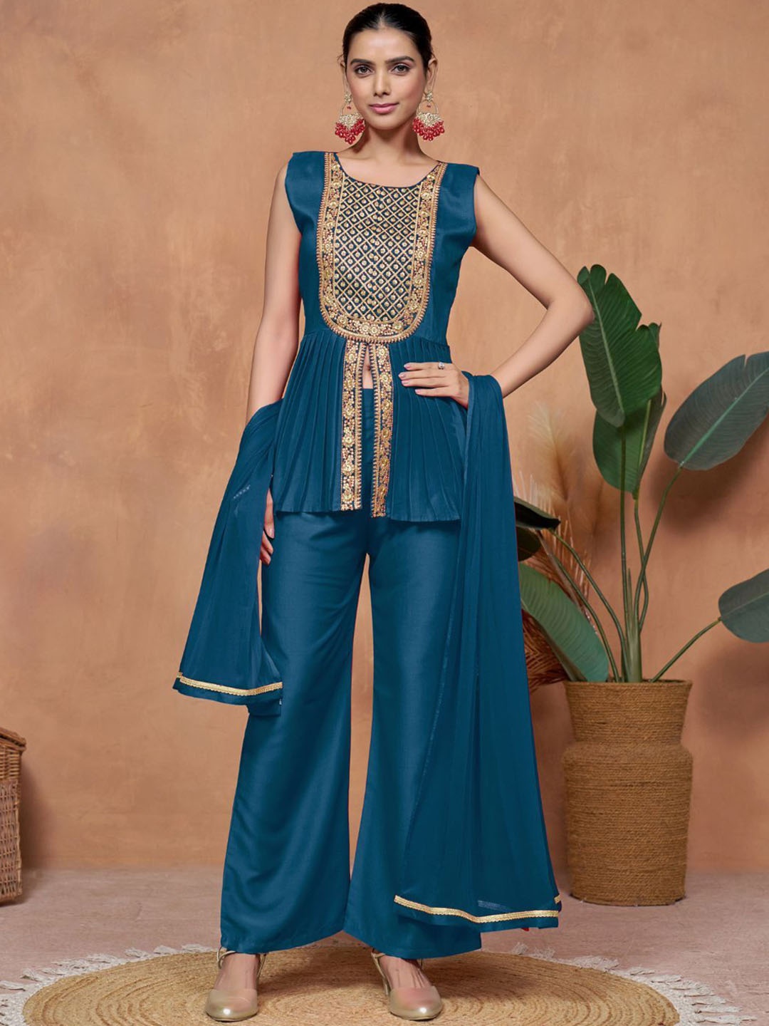 

Sangria Floral Embroidered A-Line Kurta & Palazzo With Dupatta, Teal