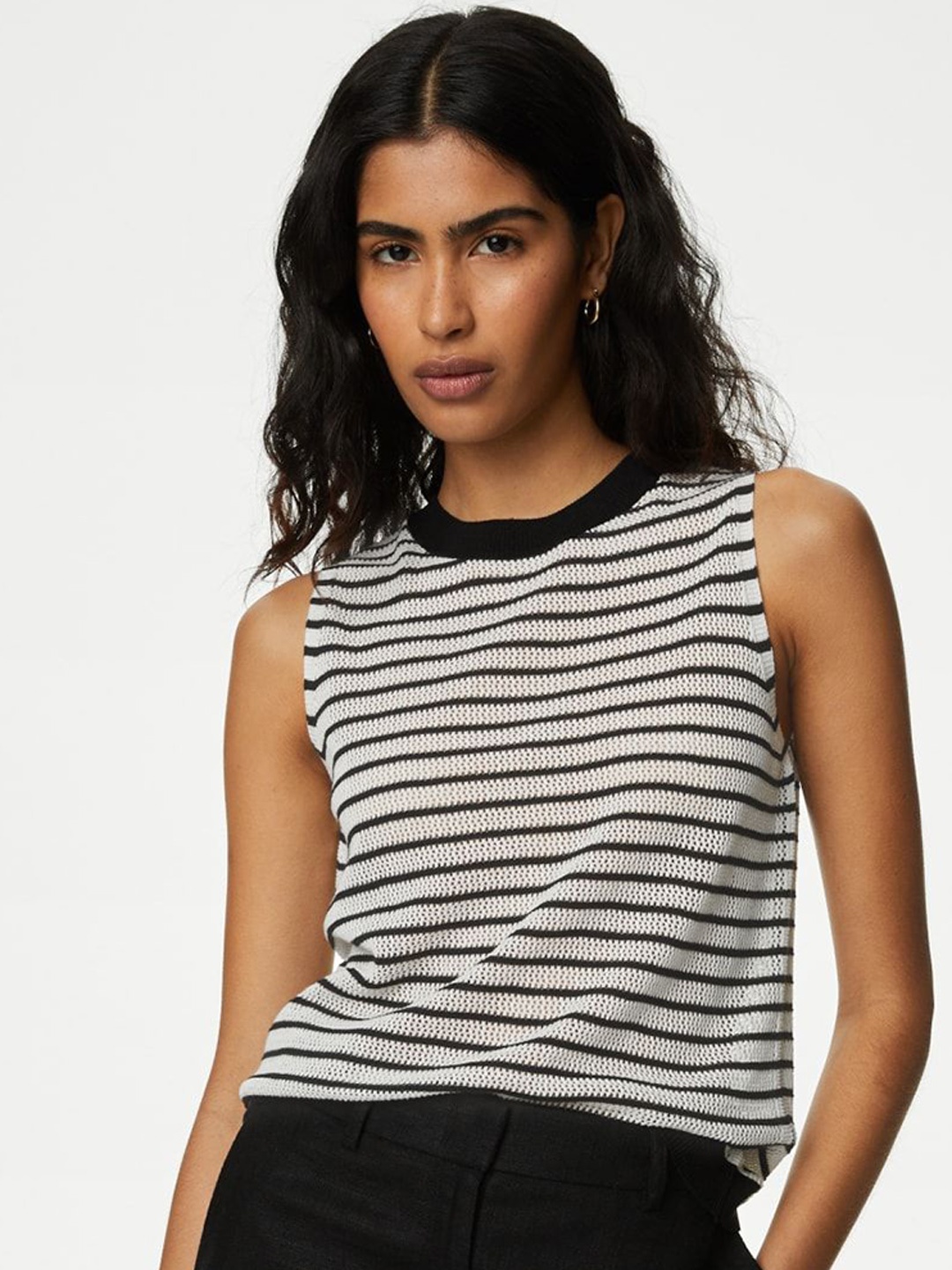 

Marks & Spencer Women Striped Sweater Vest, Black