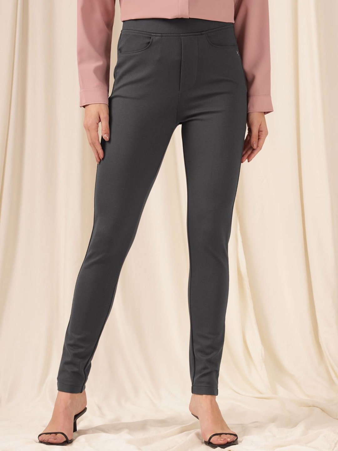 

Xpose Women Comfort Slim Fit High-Rise Easy Wash Pleated Trousers, Grey