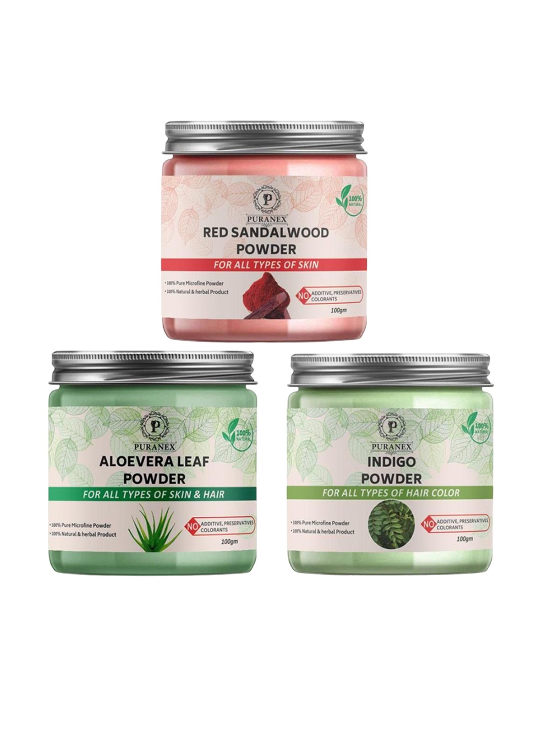 

Puranex Set Of 3 Red Sandalwood, Indigo & Aloevera Hair & Skin Powder -100 g Each, White