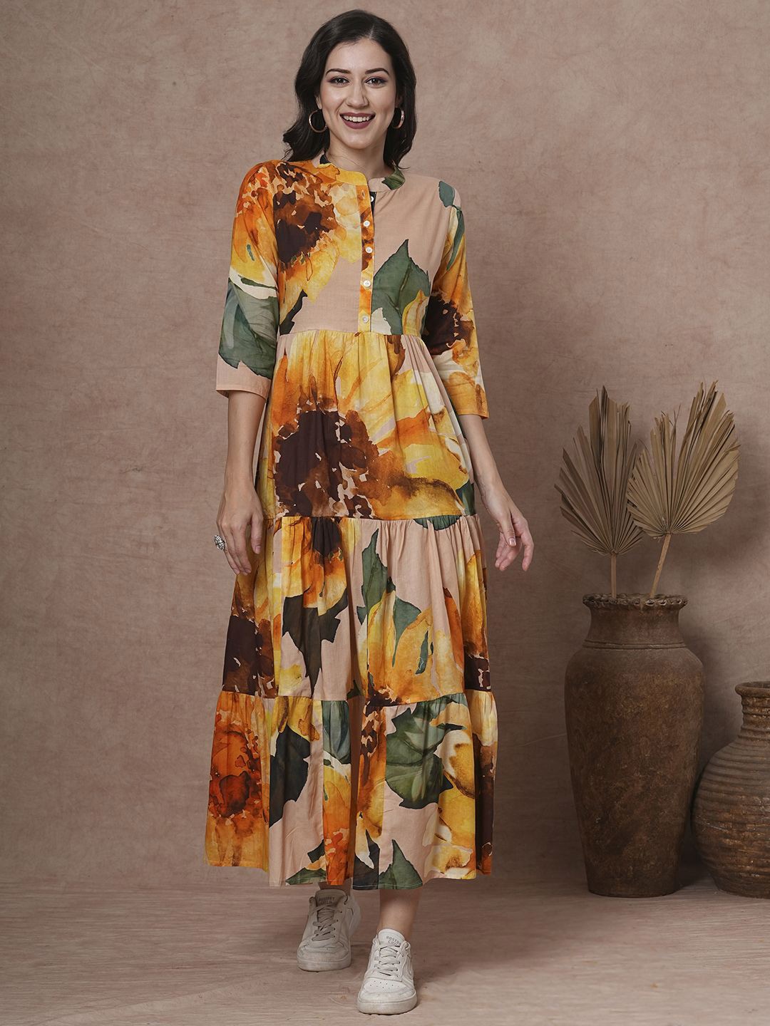 

FASHOR Floral Printed Mandarin Collar Fit and Flare Maxi Dress, Brown