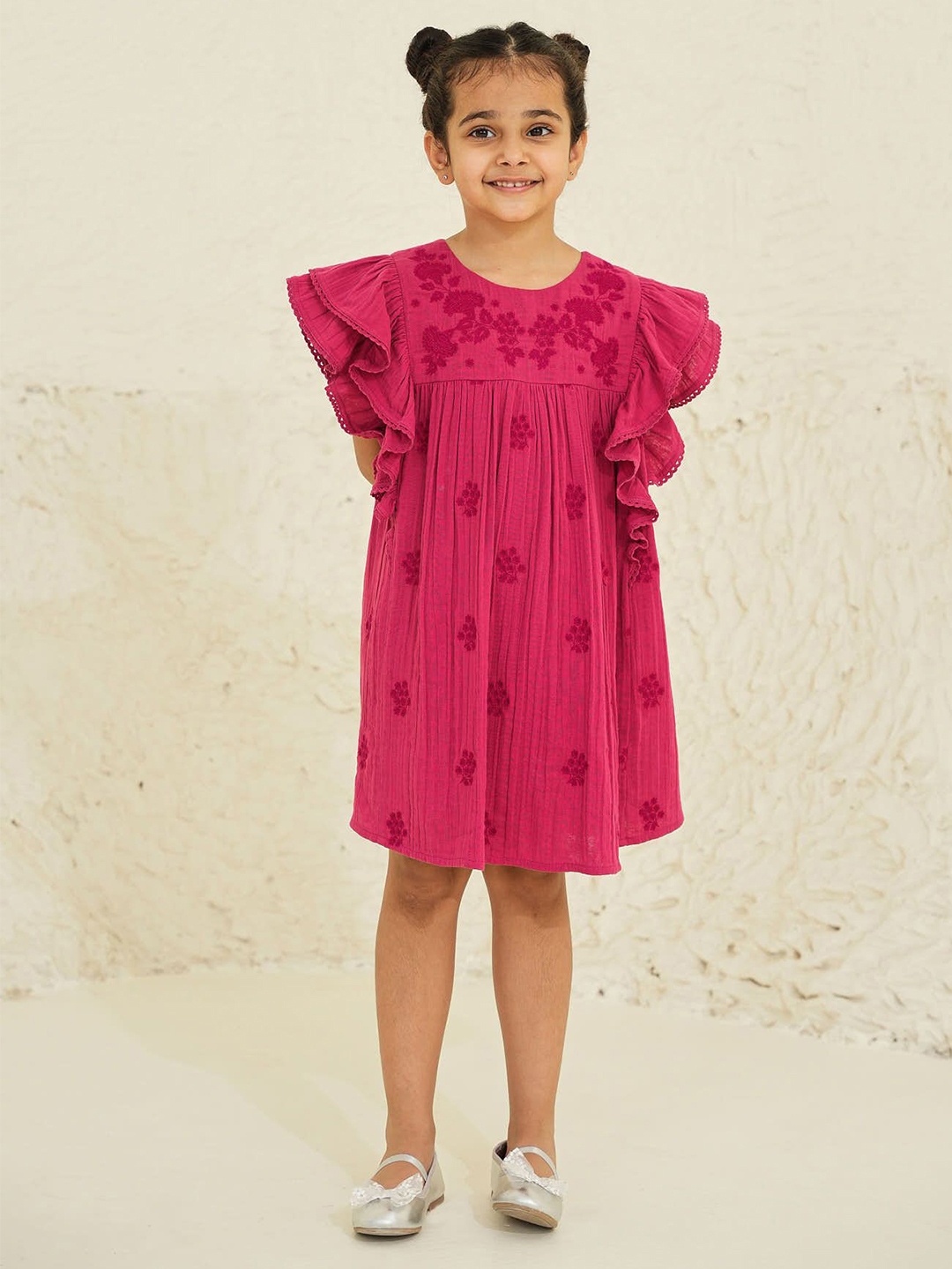 

BAESD Floral Embroidered Flutter Sleeve Formal A-Line Dress, Magenta