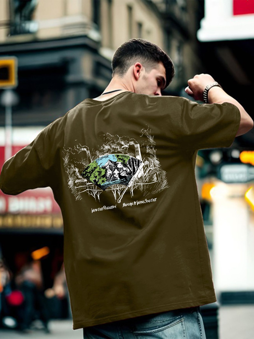 

GESPO Men Graphic Printed Round Neck Pure Cotton Oversized T-shirt, Olive