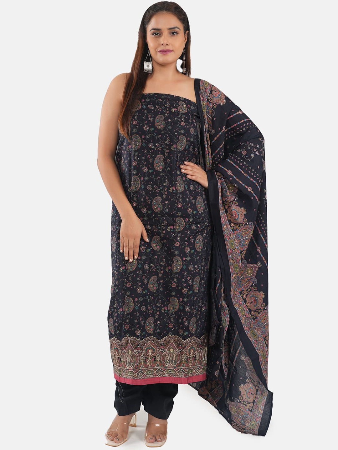 

MOZAFIA Printed Pure Silk Unstitched Dress Material, Navy blue