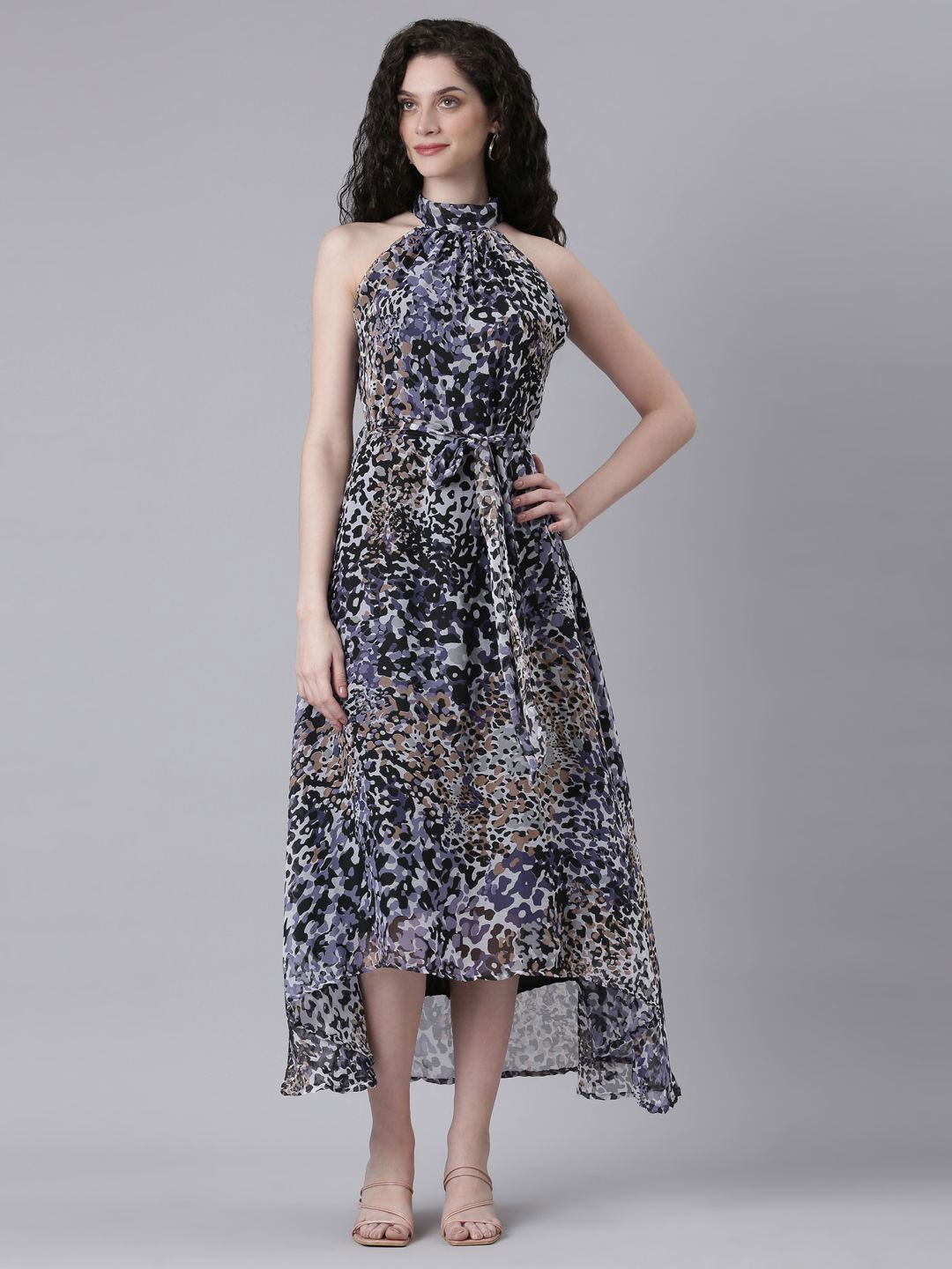 

Souchii Women Print Tie-Up Neck Layered Chiffon Drop-Waist Midi Dress, Black