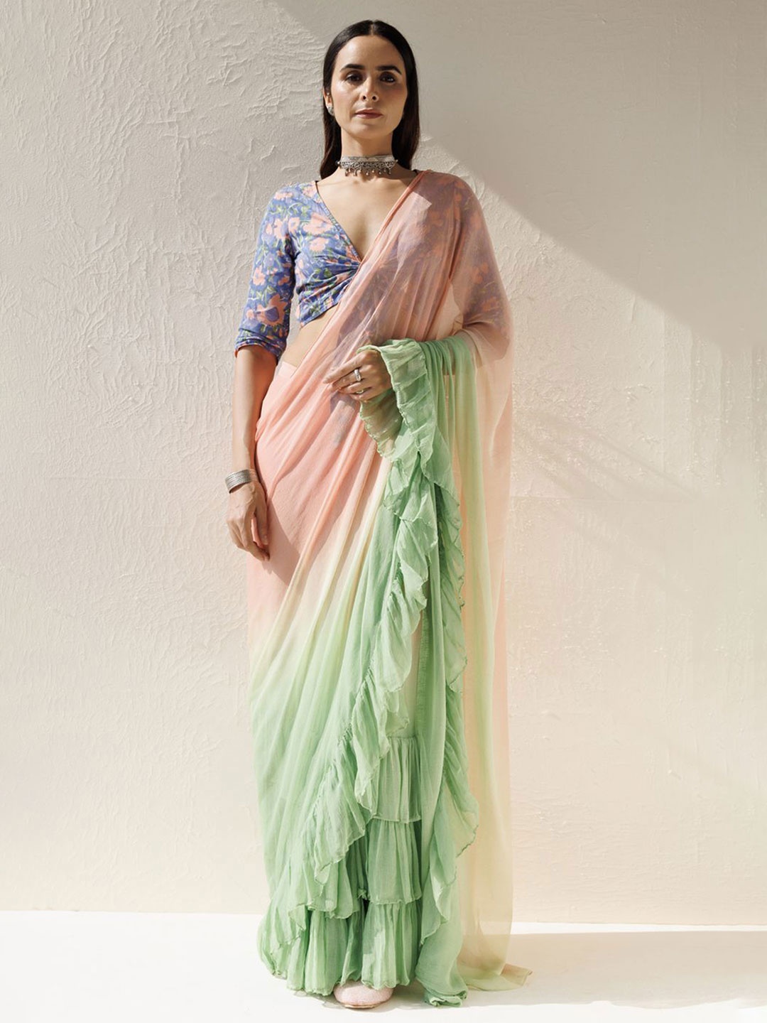 

Geroo Luxe Ombre Pleated Ready to Wear Saree, Green