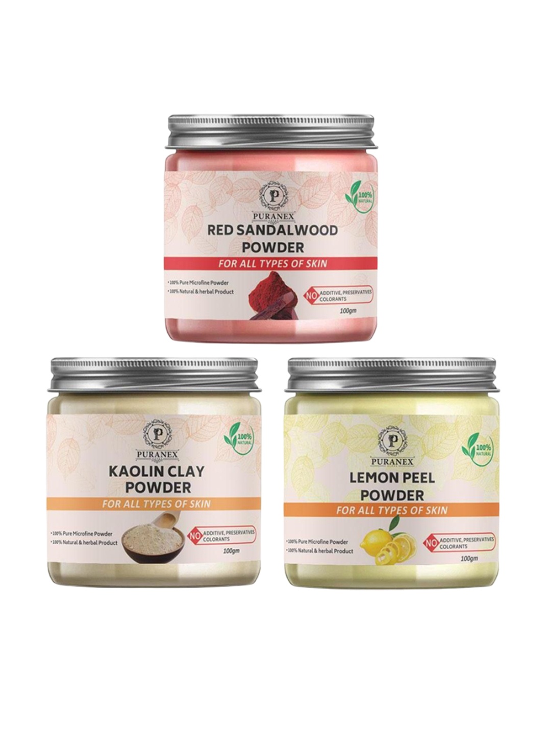 

Puranex Set Of 3 Red Sandalwood- Kaolin Clay & Lemon Peel Powder - 100 g Each, White