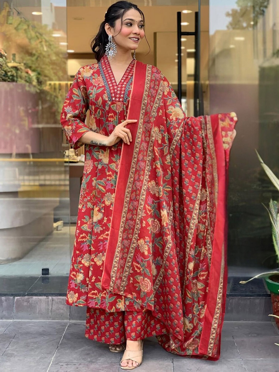 

KALINI Floral Printed Empire Pure Cotton A-Line Kurta With Palazzos & Dupatta, Red