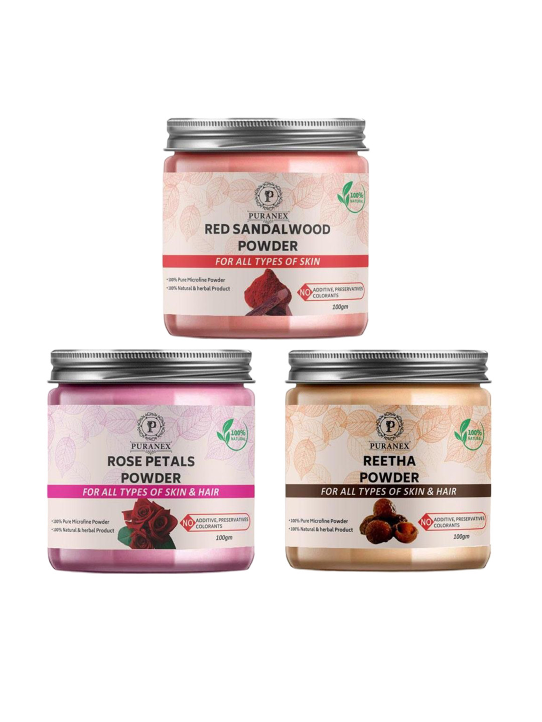 

Puranex Set Of 3 Red Sandalwood - Rose Petals & Reetha Powder - 100 g Each, Pink