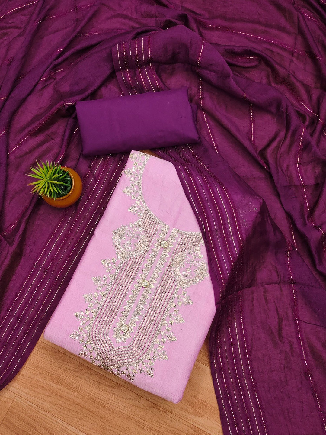 

JULEE Floral Embroidered Sequinned Unstitched Dress Material, Pink