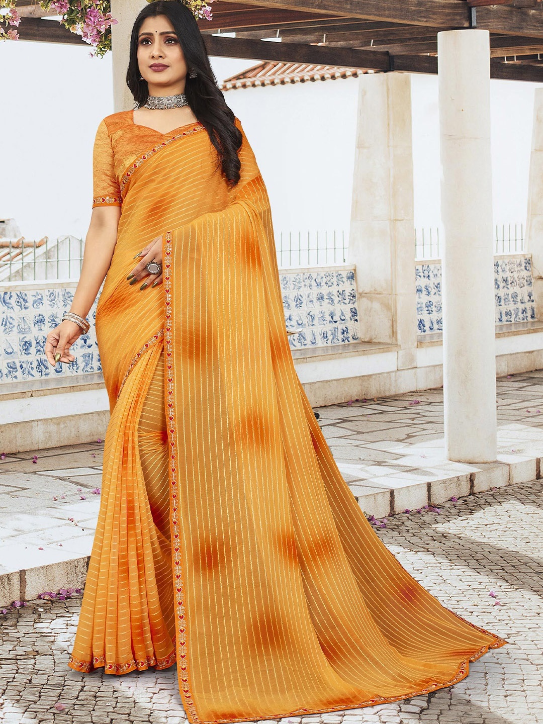 

Laxmipati Woven Design Striped Embroidered Saree, Mustard