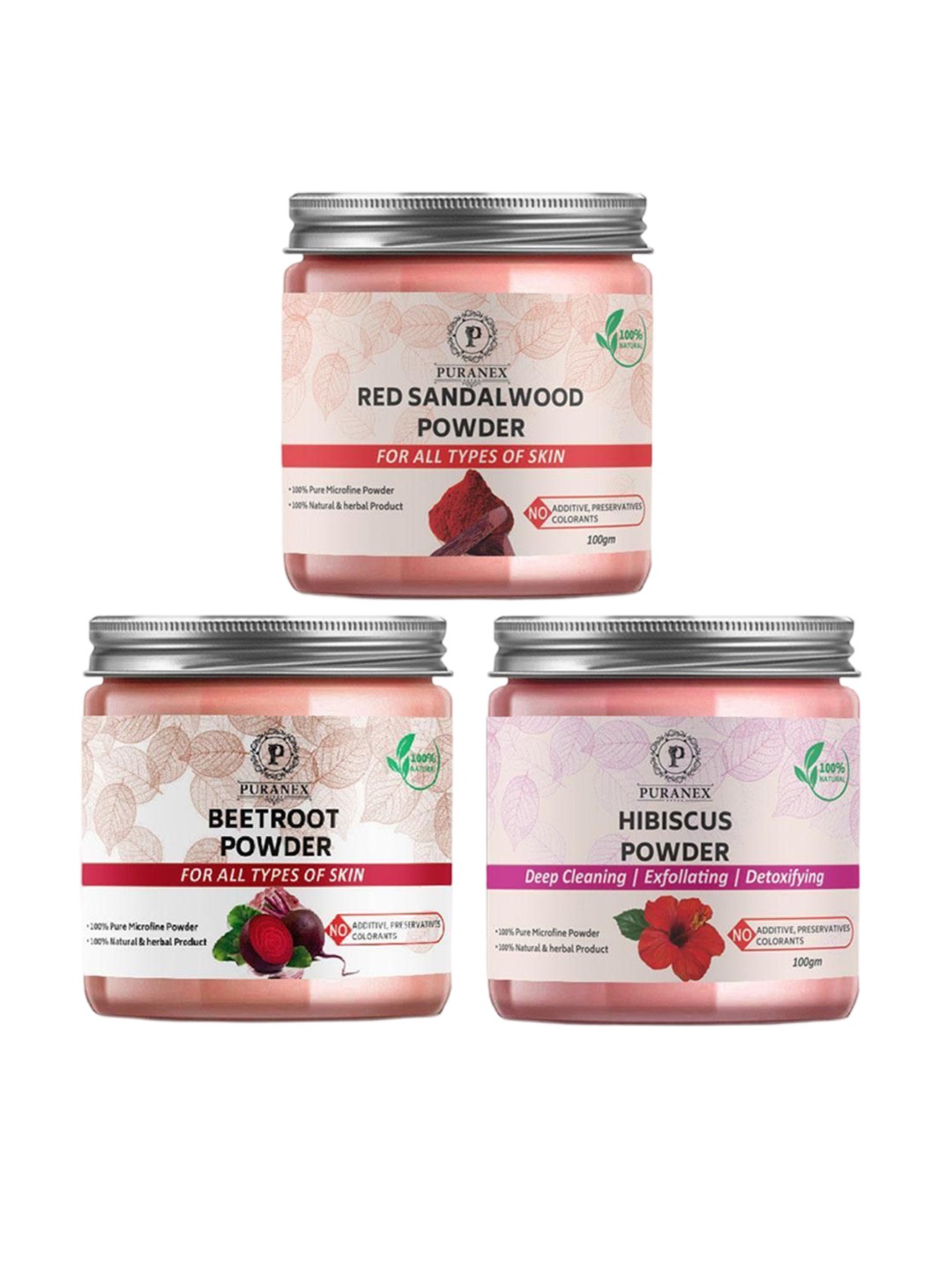 

Puranex Set Of 3 Natural Red Sandalwood - Beetroot & Hibiscus Powder - 100 g Each, Pink