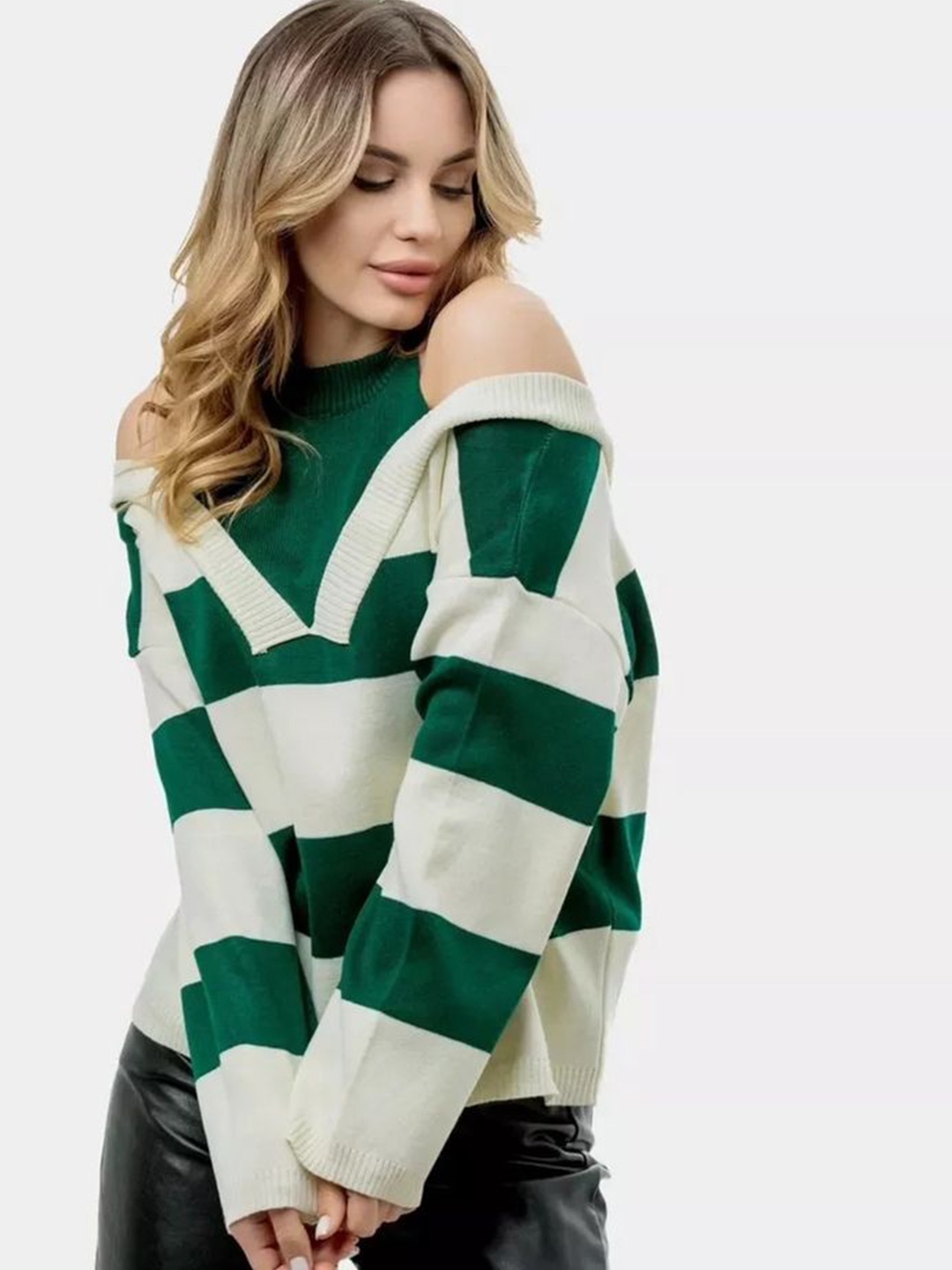 

LULU & SKY Women Shawl Collar Colourblocked Pullover, Green