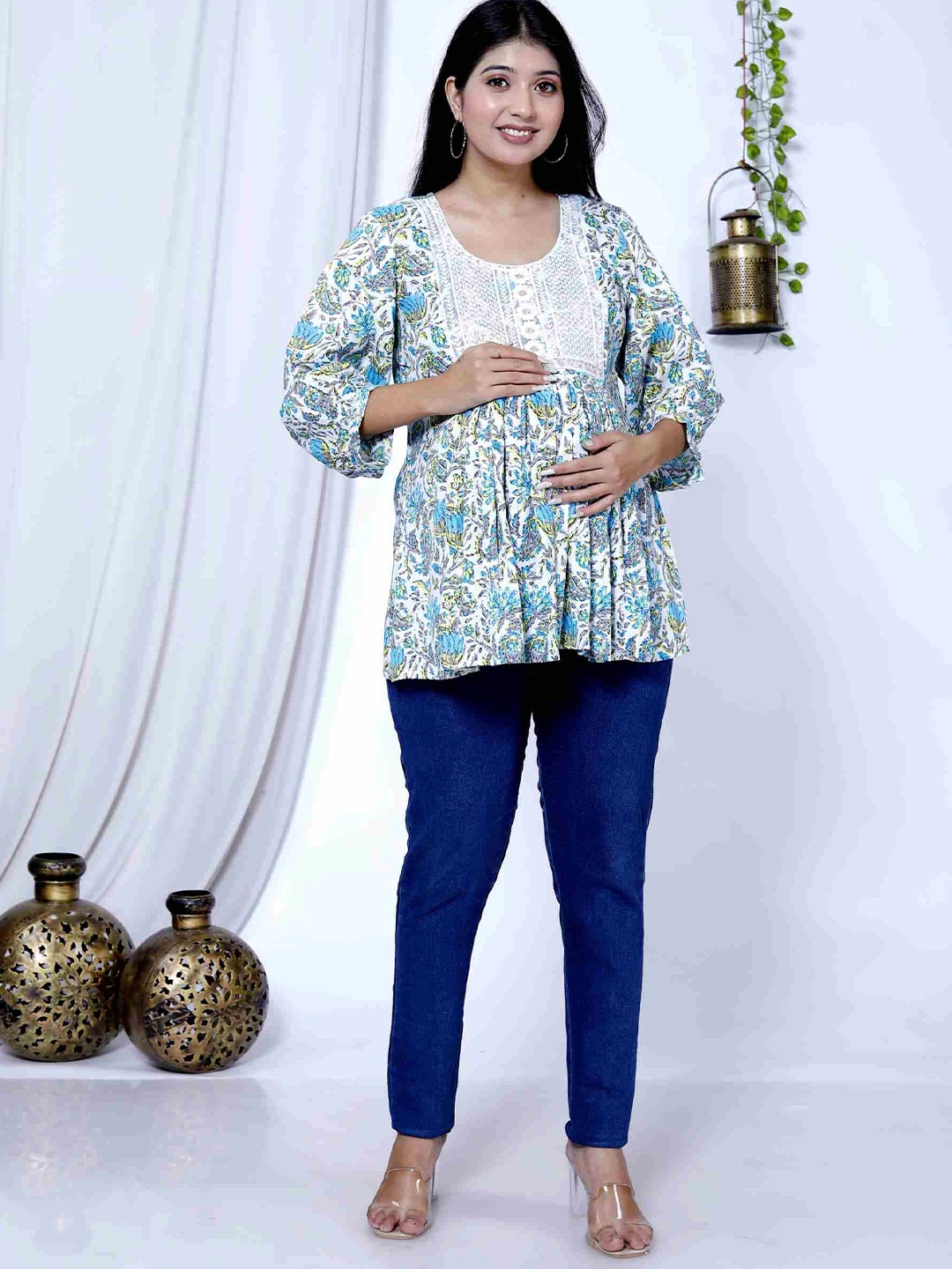 

MIRJAI Women Maternity Floral Print Longline Top, Off white