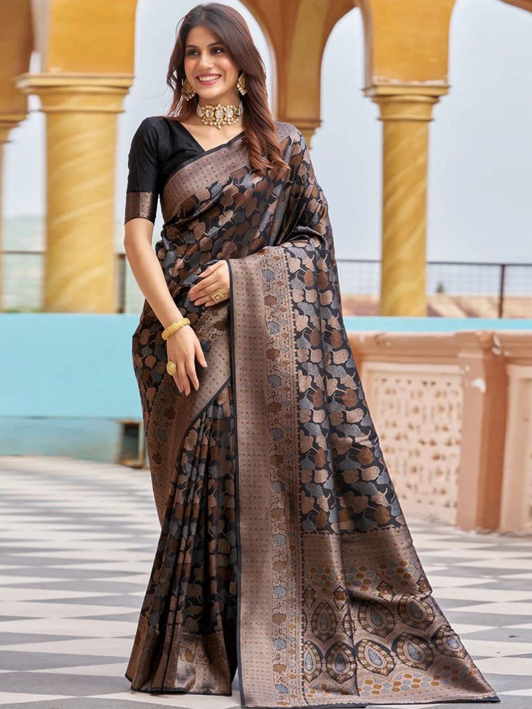 

Fashion Booms Ethnic Motifs Woven Design Zari Pure Silk Banarasi Saree, Black