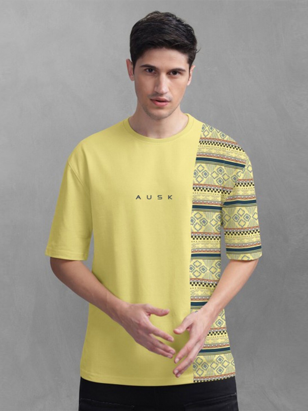 

AUSK Men Graphic Printed Oversized Cotton Casual T-shirt, Mustard