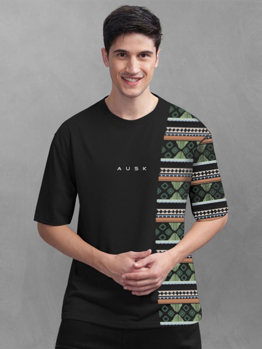 

AUSK Men Graphic Printed Oversized Cotton T-shirt, Black