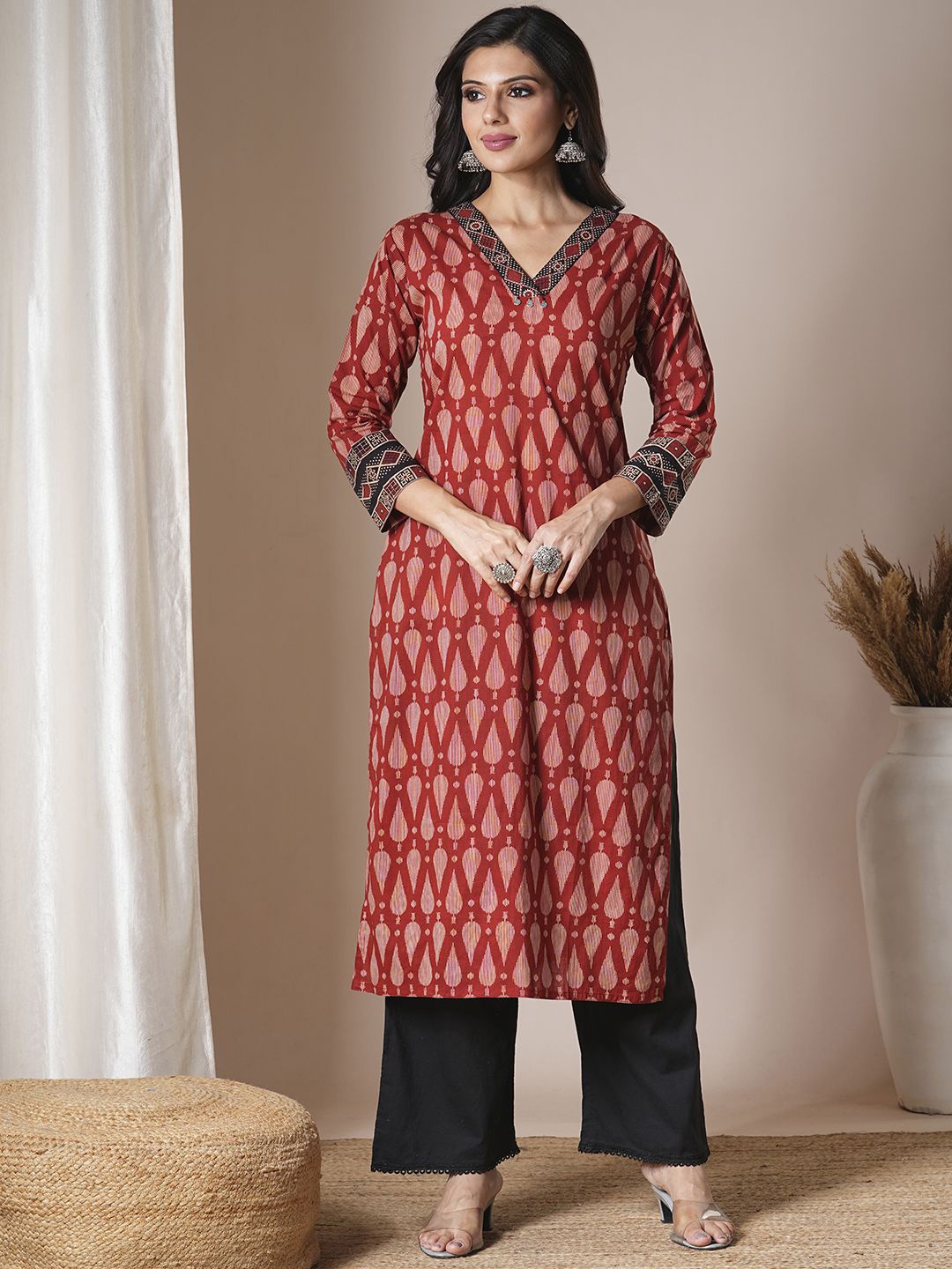 

FASHOR Ethnic Motifs Printed Kantha Work Cotton Straight Kurta, Rust