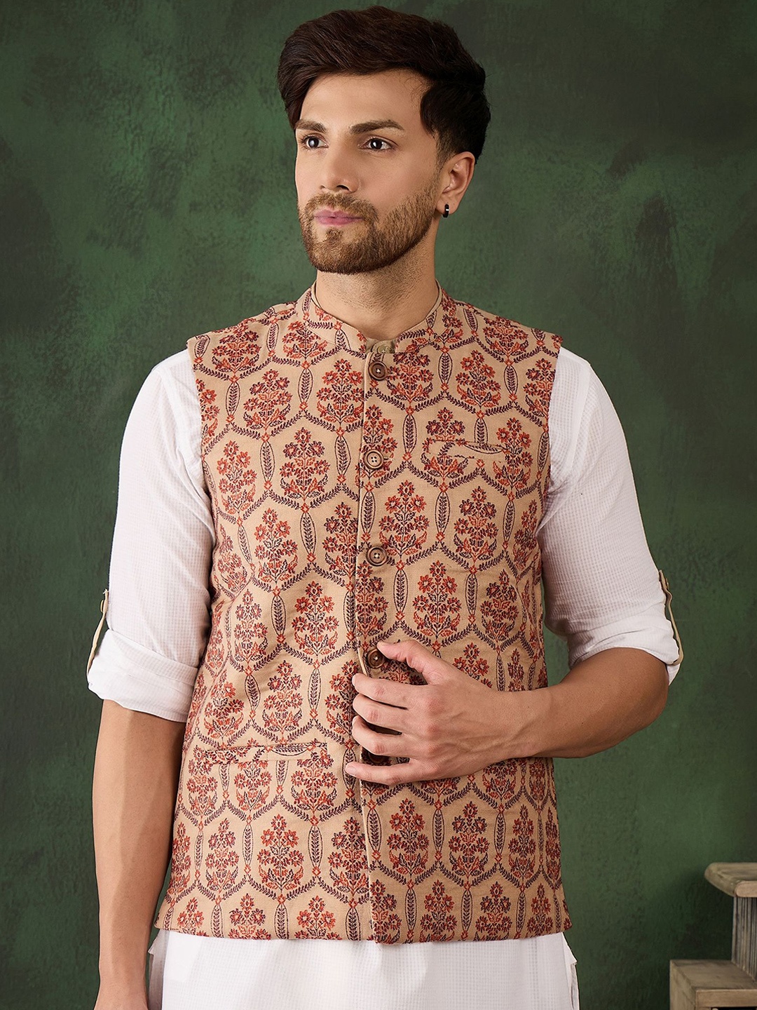 

Sangria Men Woven Design Winter Pashmina Nehru Jackets, Beige