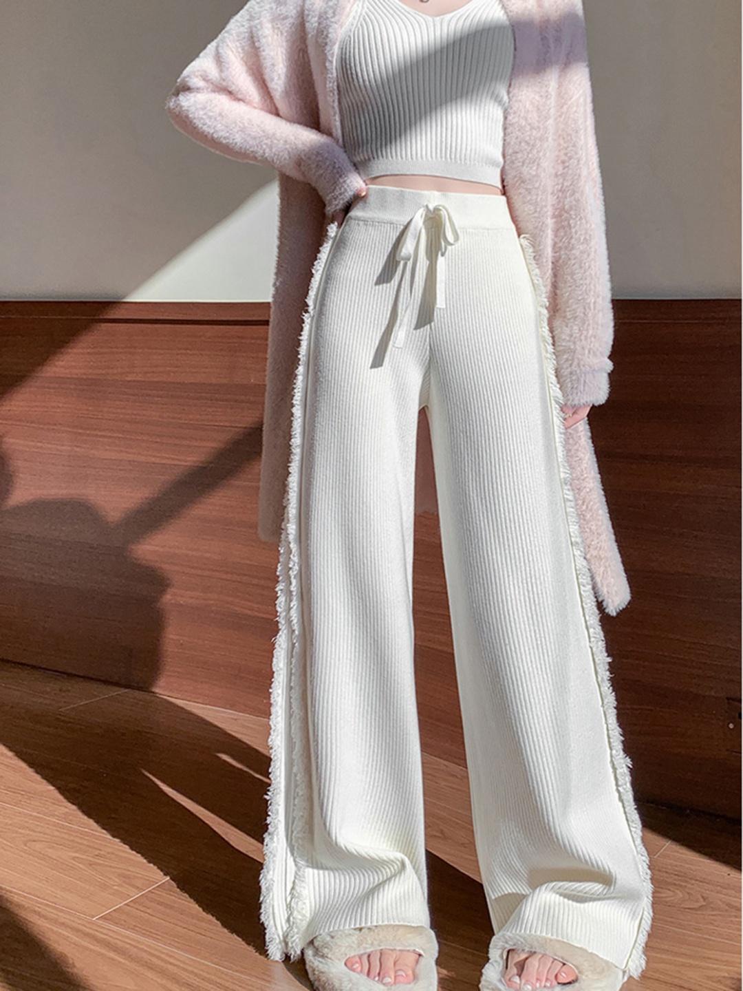 

LULU & SKY Women Self Design Striped Loose Fit High-Rise Trousers, Beige