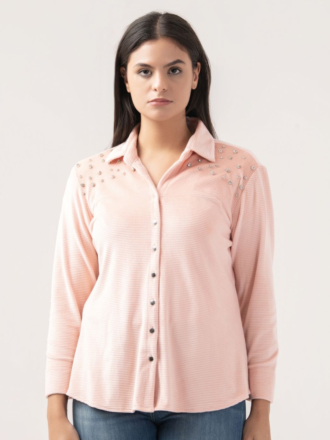 

Albion By CnM Women Opaque Embellished Cotton Casual Shirt, Peach