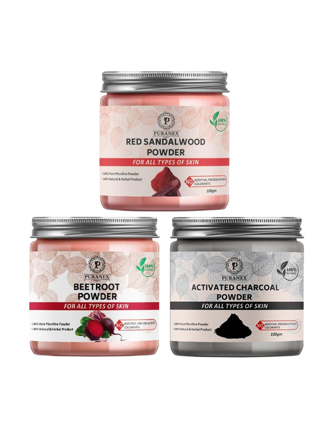 

Puranex Set Of 3 Natural Red Sandalwood - Beetroot Powder & Charcoal Powder - 100 g Each, White